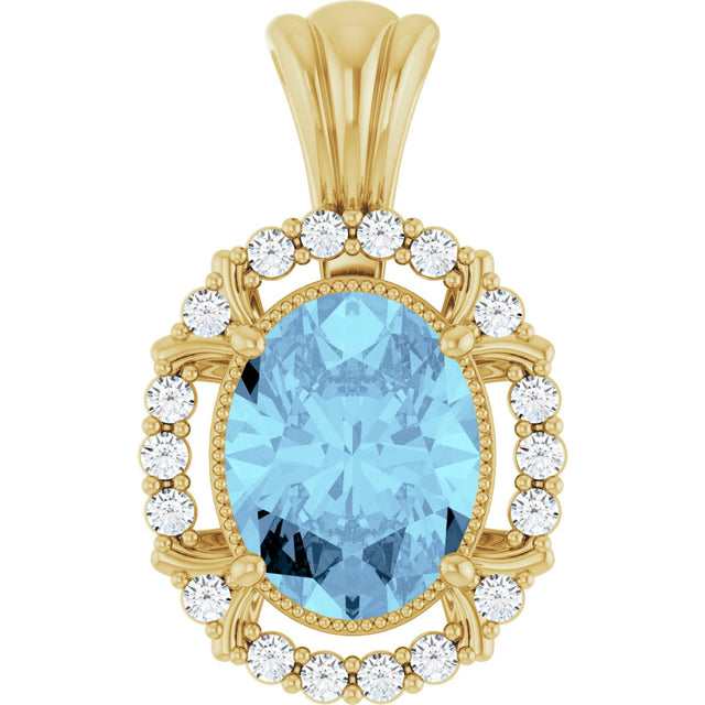 14K Gold Oval Natural Aquamarine & Natural Diamond Halo-Style Pendant - Yellow Gold
