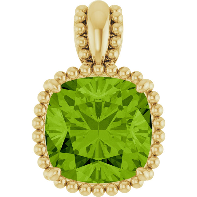 14K Gold Cushion Natural Peridot Beaded Pendant - Yellow Gold