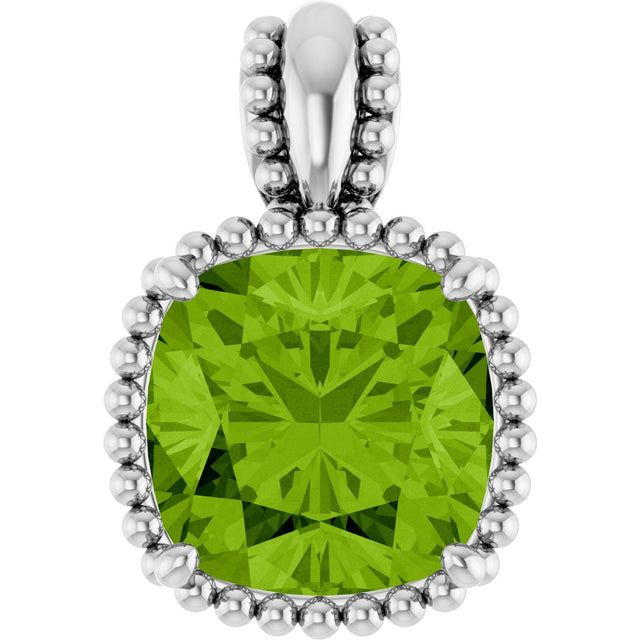 Platinum Cushion Natural Peridot Beaded Pendant