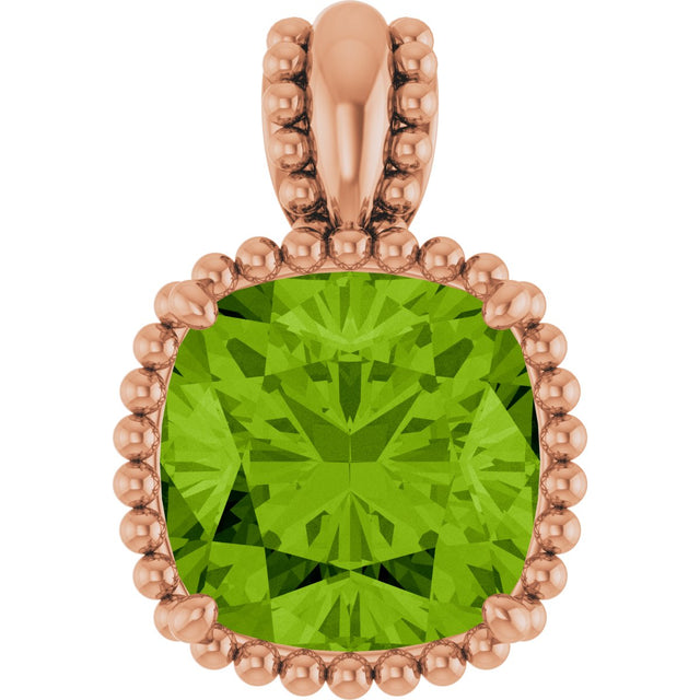 14K Gold Cushion Natural Peridot Beaded Pendant - Rose Gold