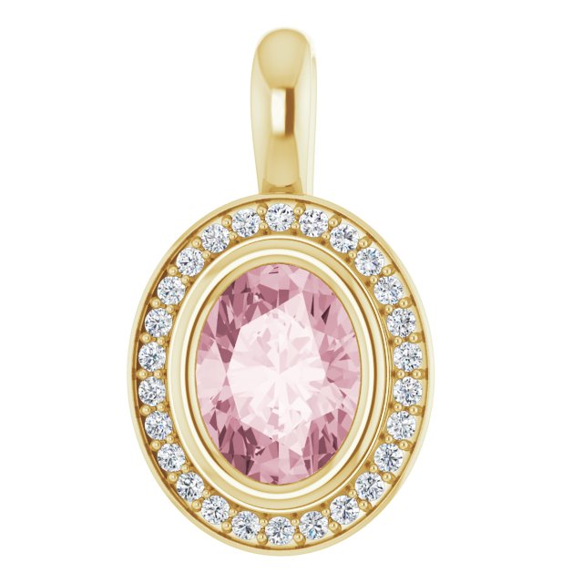 14K Gold Oval Natural Pink Morganite & Natural Diamond Halo-Style Pendant – 1/8 CTW - Yellow Gold