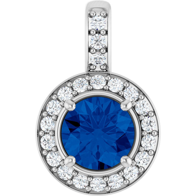Platinum Round Natural Blue Sapphire & Natural Diamond Halo-Style Pendant – 1/5 CTW