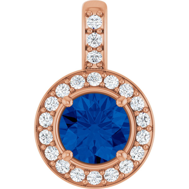 14K Gold Round Natural Blue Sapphire & Natural Diamond Halo-Style Pendant – 1/5 CTW - Rose Gold