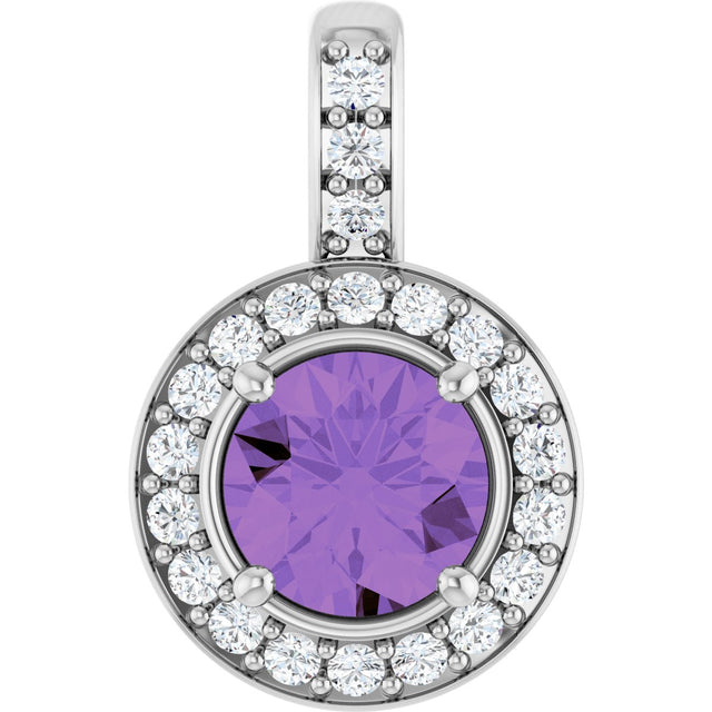 14K Gold Round Natural Amethyst & Natural Diamond Halo-Style Pendant - White Gold