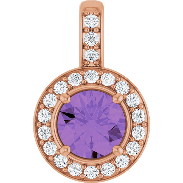 14K Gold Round Natural Amethyst & Natural Diamond Halo-Style Pendant - Rose Gold