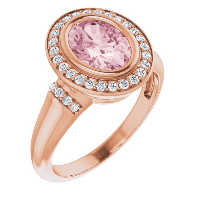 14K Gold Oval Natural Morganite & Natural Diamond Halo-Style Ring – 8x6mm - Rose Gold