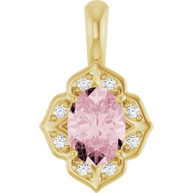 14K Gold Oval Natural Pink Morganite & Natural Diamond Halo-Style Pendant – 0.08 CTW - Yellow Gold