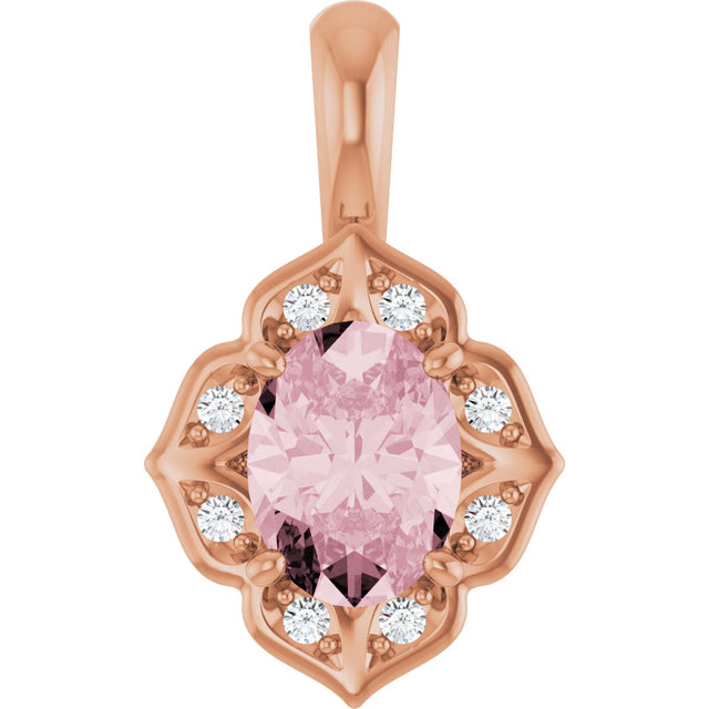 14K Gold Oval Natural Pink Morganite & Natural Diamond Halo-Style Pendant – 0.08 CTW - Rose Gold