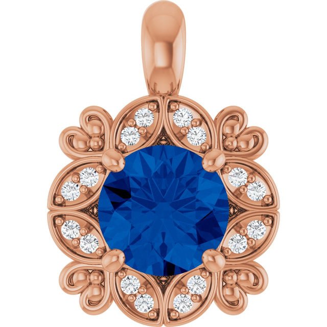 14K Gold Round Natural Blue Sapphire & Natural Diamond Halo-Style Pendant – 0.04 CTW - Rose Gold