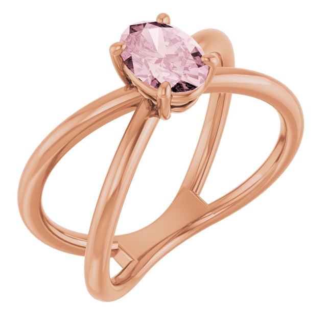14K Gold Oval Natural Pink Morganite Solitaire Criss-Cross Ring - Rose Gold