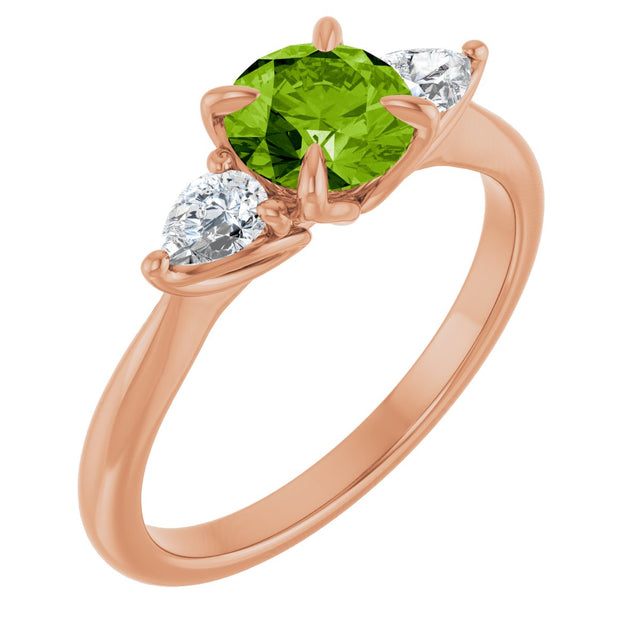 14K Gold Round Natural Peridot & Natural Diamond Side-Stone Ring - Rose Gold