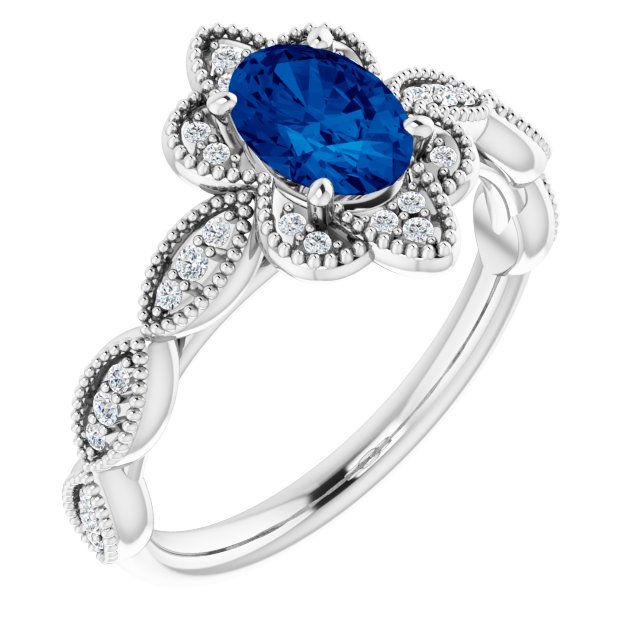 14K Gold Oval Lab-Grown Blue Sapphire & Natural Diamond Accented Ring – 7x5mm - White Gold