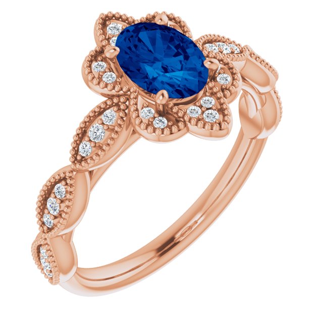 14K Gold Oval Lab-Grown Blue Sapphire & Natural Diamond Accented Ring – 7x5mm - Rose Gold