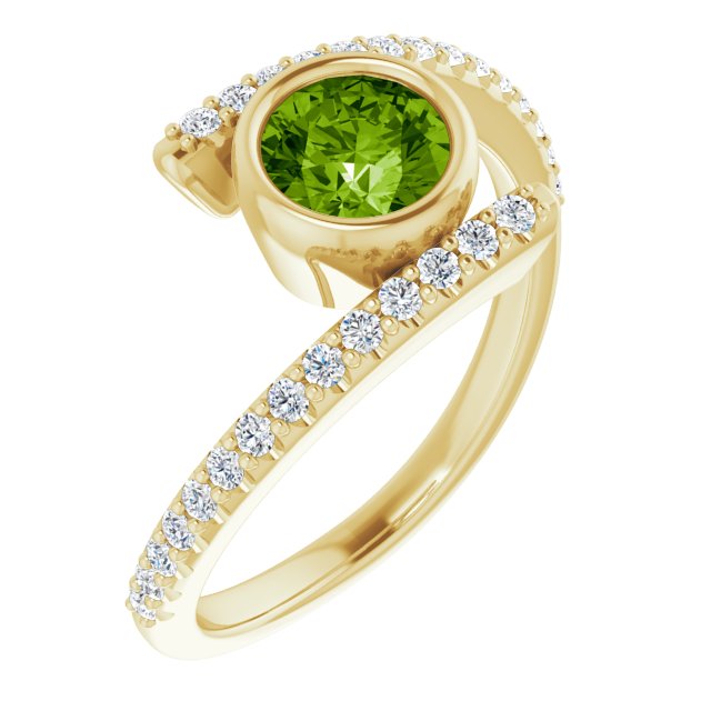 14K Gold Round Natural Peridot & Natural Diamond Bezel-Set Accented Ring - Yellow Gold