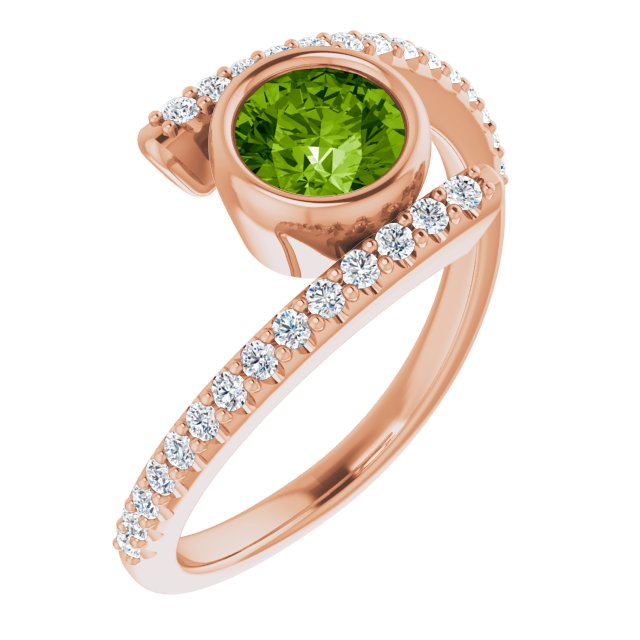 14K Gold Round Natural Peridot & Natural Diamond Bezel-Set Accented Ring - Rose Gold