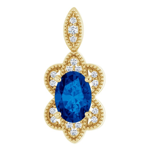 14K Gold Oval Natural Blue Sapphire & Natural Diamond Halo-Style Pendant – 0.06 CTW - Yellow Gold