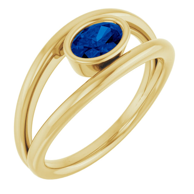 14K Gold Oval Natural Blue Sapphire Bezel-Set Solitaire Negative Space Ring - Yellow Gold