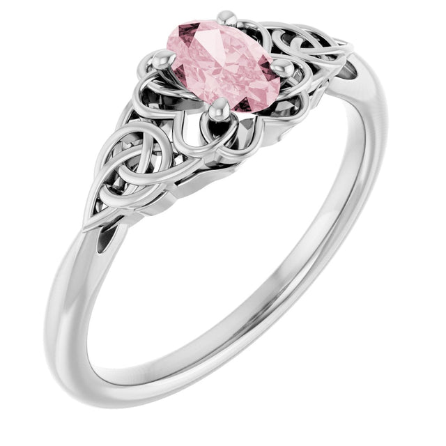 14K Gold Oval Natural Pink Morganite Celtic-Inspired Solitaire Ring - White Gold