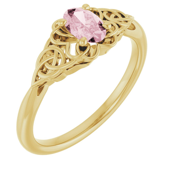 14K Gold Oval Natural Pink Morganite Celtic-Inspired Solitaire Ring - Yellow Gold