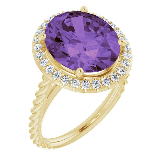 14K Gold Oval Natural Amethyst & Natural Diamond Halo-Style Rope Ring - Yellow Gold