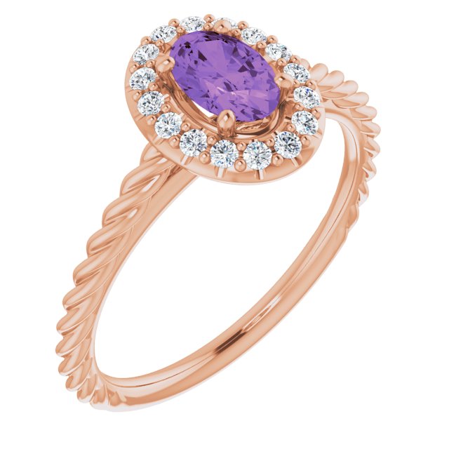 14K Gold Oval Natural Amethyst & Natural Diamond Halo-Style Rope Ring - Rose Gold