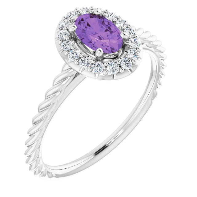 Platinum Oval Natural Amethyst & Natural Diamond Halo-Style Rope Ring