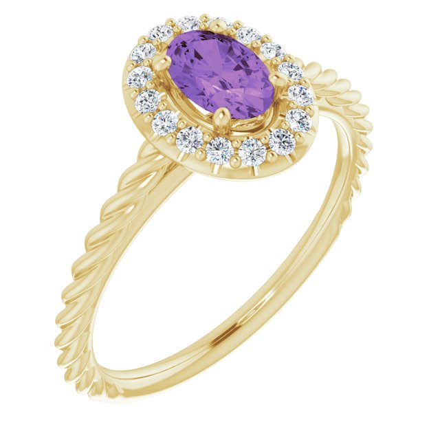 14K Gold Oval Natural Amethyst & Natural Diamond Halo-Style Rope Ring - Yellow Gold