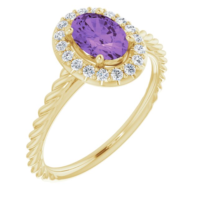 14K Gold Oval Natural Amethyst & Natural Diamond Halo-Style Rope Ring - Yellow Gold