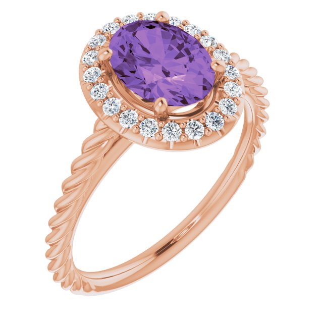 14K Gold Oval Natural Amethyst & Natural Diamond Halo-Style Rope Ring - Rose Gold