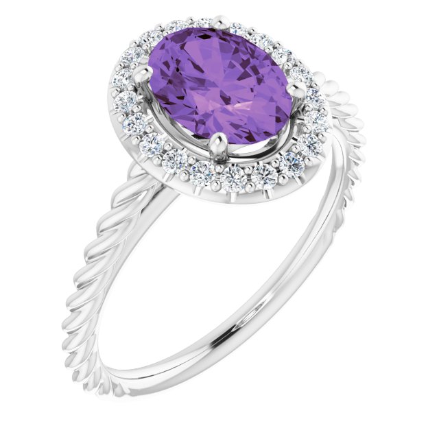 Platinum Oval Natural Amethyst & Natural Diamond Halo-Style Rope Ring