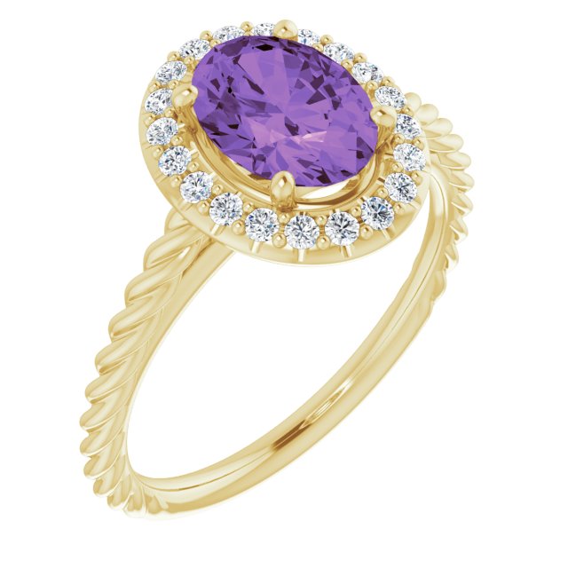 14K Gold Oval Natural Amethyst & Natural Diamond Halo-Style Rope Ring - Yellow Gold