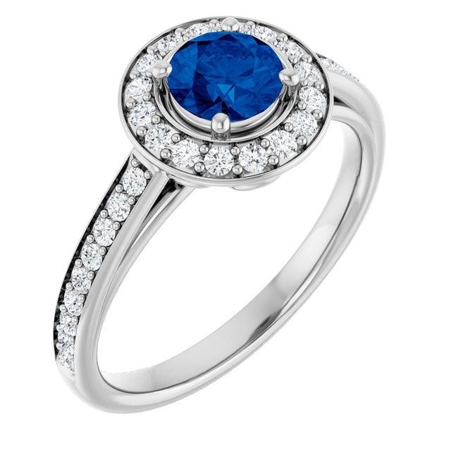 14K Gold Round Lab-Grown Blue Sapphire & Natural Diamond Halo-Style Ring – 5.2mm Stones - White Gold