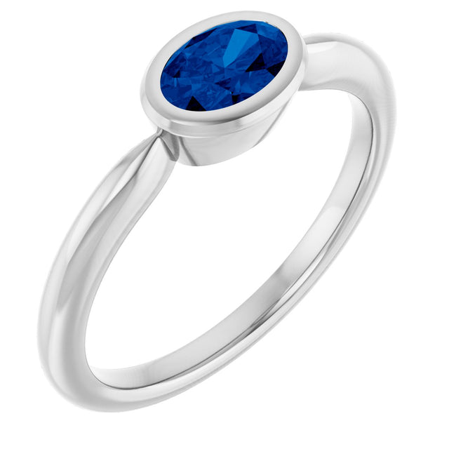 10K Gold Oval Lab-Grown Blue Sapphire Bezel-Set Solitaire Ring - White Gold