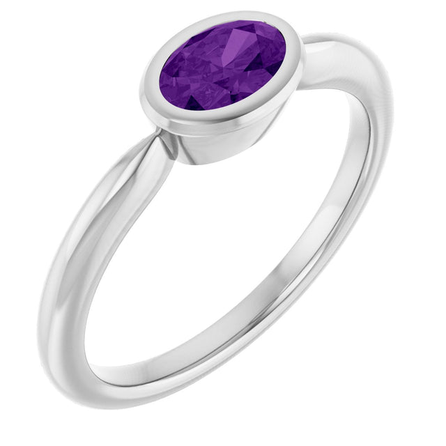10K Gold Oval Natural Amethyst Bezel-Set Solitaire Ring - White Gold