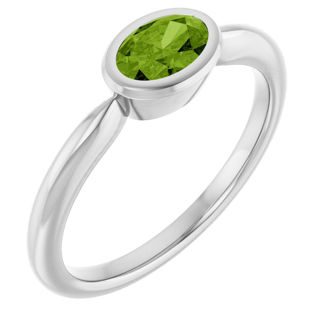 10K Gold Oval Natural Peridot Bezel-Set Solitaire Ring - White Gold