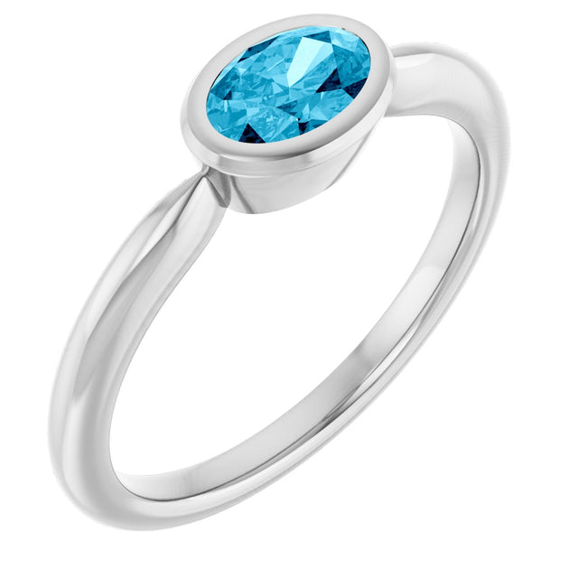 10K Gold Oval Natural Aquamarine Bezel-Set Solitaire Ring - White Gold