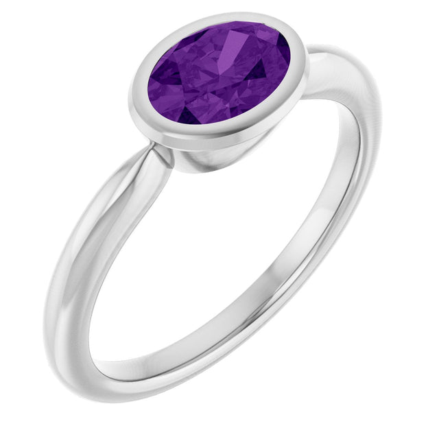 10K Gold Oval Natural Amethyst Bezel-Set Solitaire Ring - White Gold