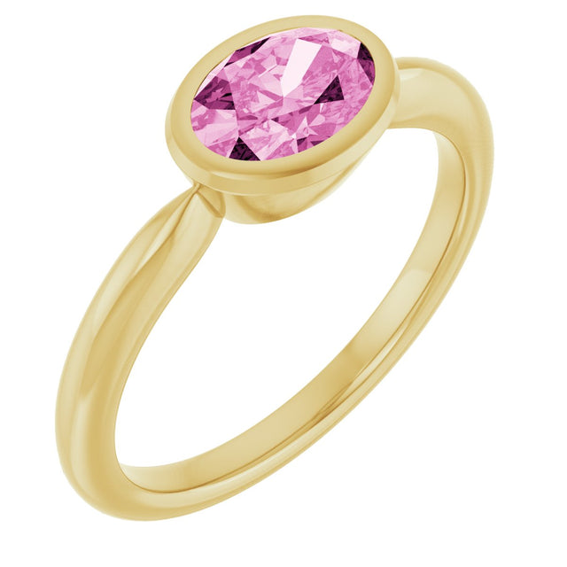 14K Gold Oval Lab-Grown Pink Sapphire Bezel-Set Solitaire Ring - Yellow Gold
