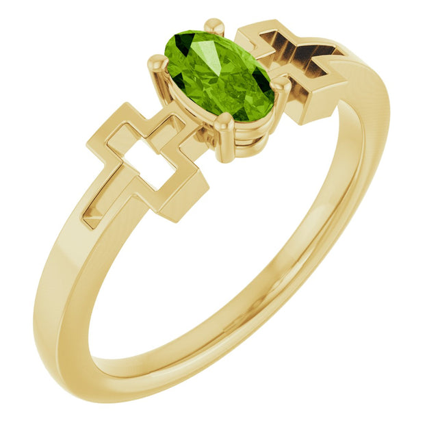 14K Gold Oval Natural Peridot Youth Cross Ring - Yellow Gold
