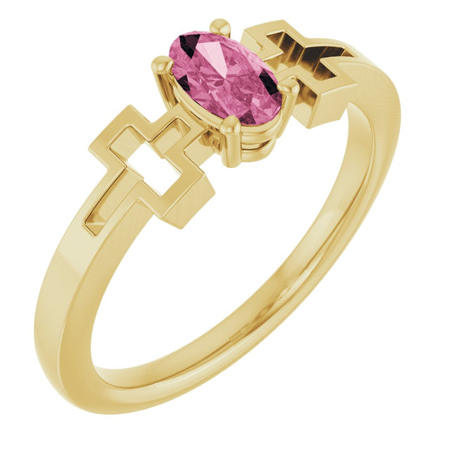 14K Gold Oval Natural Pink Tourmaline Youth Cross Ring - Yellow Gold