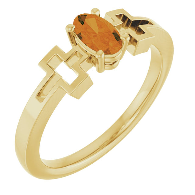 14K Gold Oval Natural Citrine Youth Cross Ring - Yellow Gold