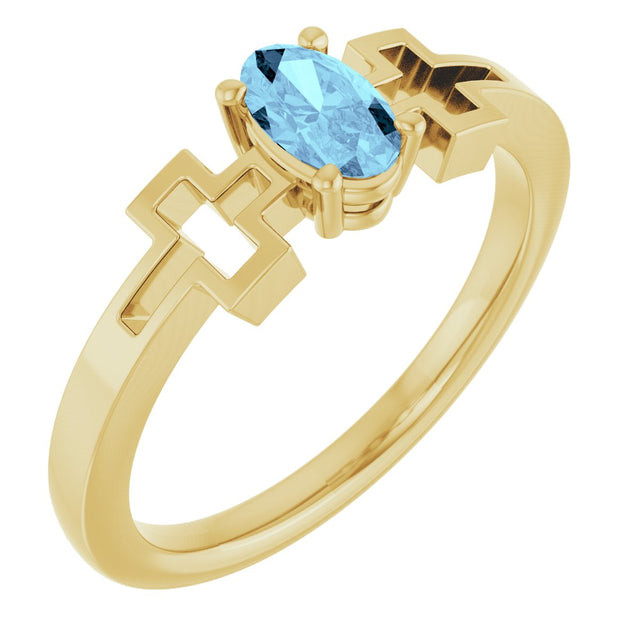 14K Gold Oval Natural Aquamarine Youth Cross Ring - Yellow Gold