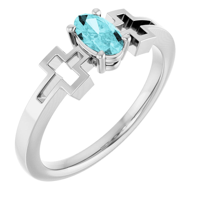 14K Gold Oval Natural Blue Zircon Youth Cross Ring - White Gold