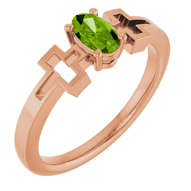 14K Gold Oval Natural Peridot Youth Cross Ring - Rose Gold