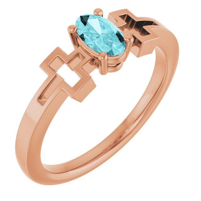 14K Gold Oval Natural Blue Zircon Youth Cross Ring - Rose Gold