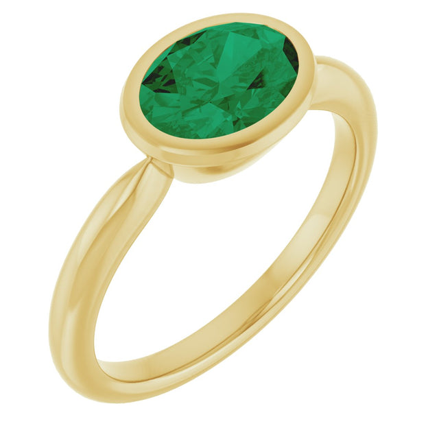 10K Gold Oval Lab-Grown Emerald Bezel-Set Solitaire Ring - Yellow Gold