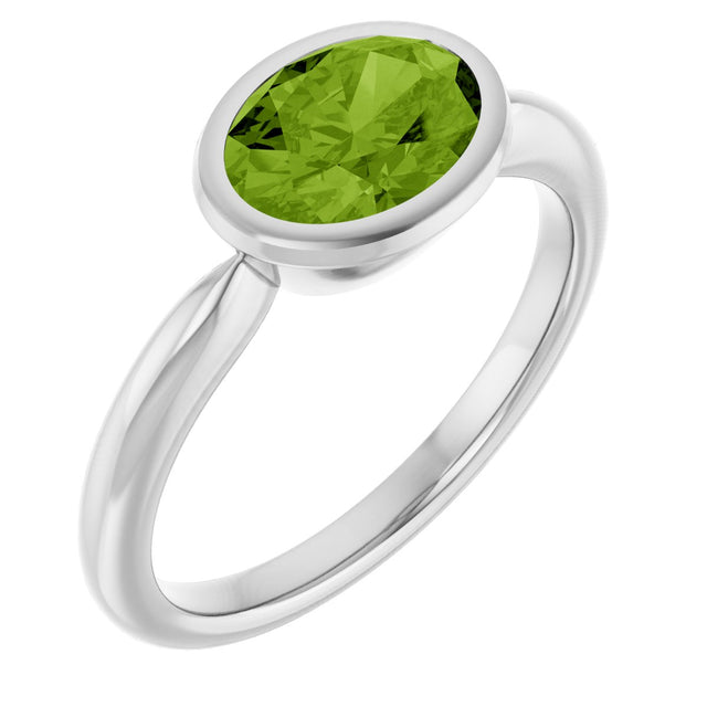 Platinum Oval Natural Peridot Bezel-Set Solitaire Ring