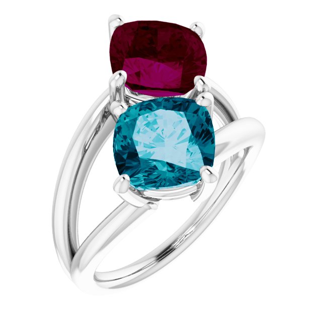 Platinum Cushion Natural London Blue Topaz & Natural Rhodolite Garnet Two-Stone Ring