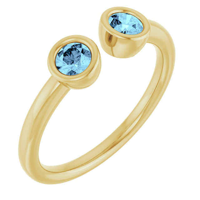 14K Gold Round Natural Aquamarine Bezel-Set Two-Stone Ring - Yellow Gold