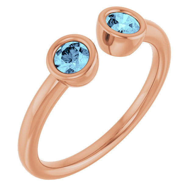 14K Gold Round Natural Aquamarine Bezel-Set Two-Stone Ring - Rose Gold